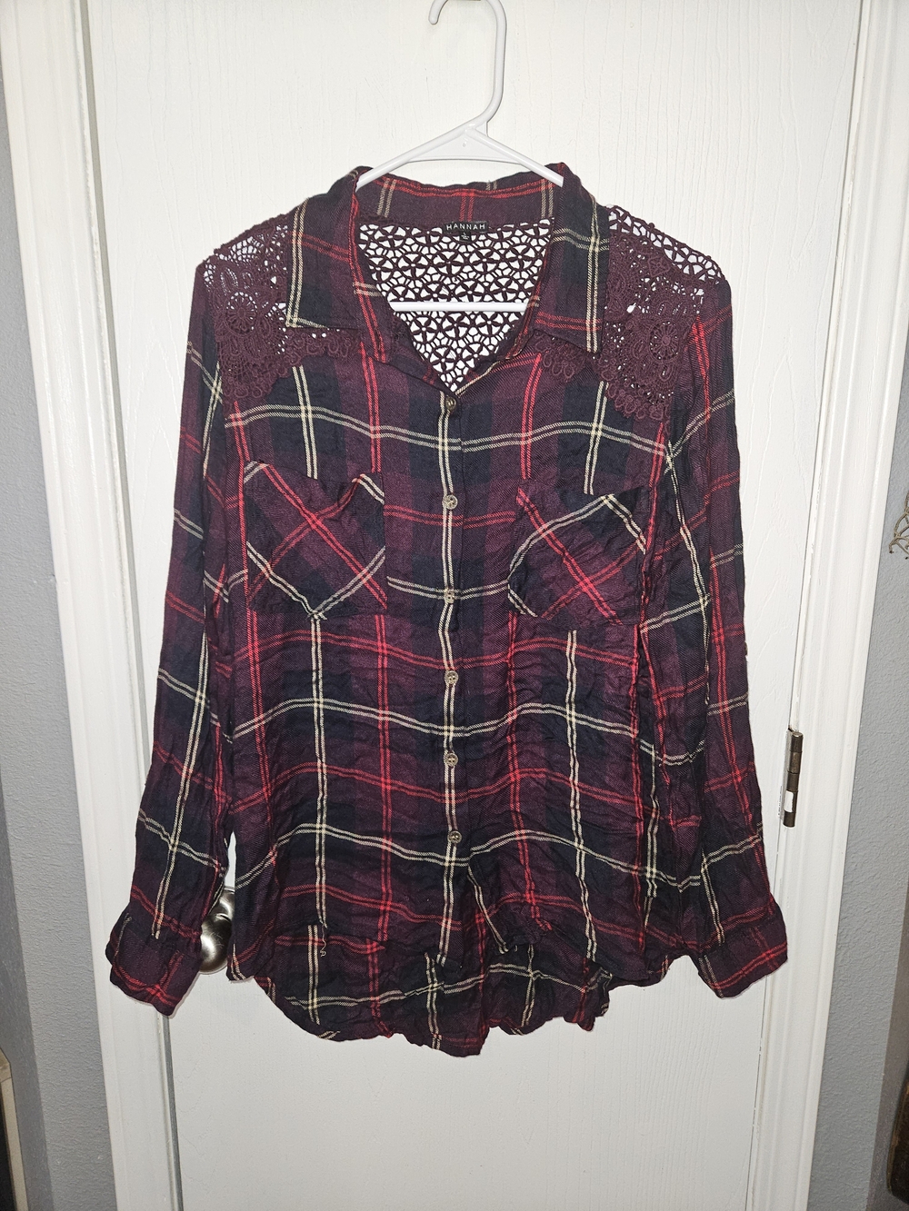 Hannah Burgundy Plaid Button-Down Shirt with Lace Yoke